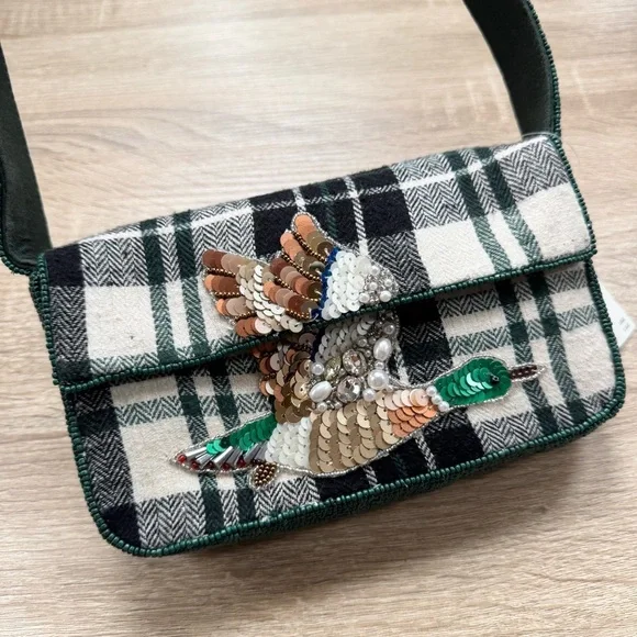Anthropologie The Fiona Beaded Shoulder Bag Animal Edition Duck Plaid Green - Picture 9 of 13